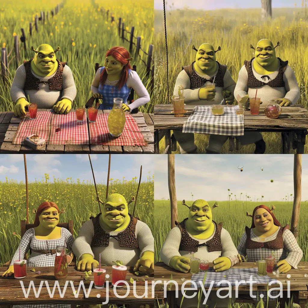 A cartoonic photo from Shrek and Fiona between the Meadow They're sitting at the old wooden table with drinks in front of them, Gingham fabric on table