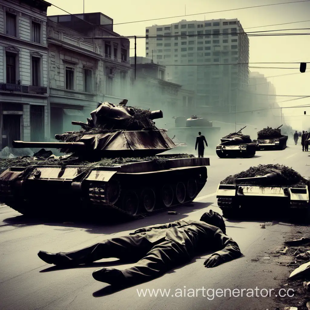 Corpses lie on a city road in front of a tank 