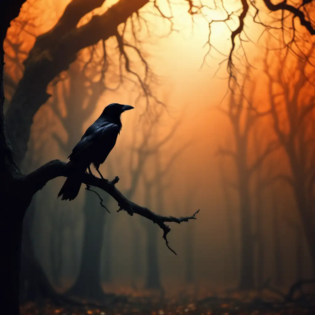 nordic folk mythic forest, orange blurry light, silhouette of crow sitting at branch in old oak tree. High resolution, 1080p resolution, ultra 4k, high definition