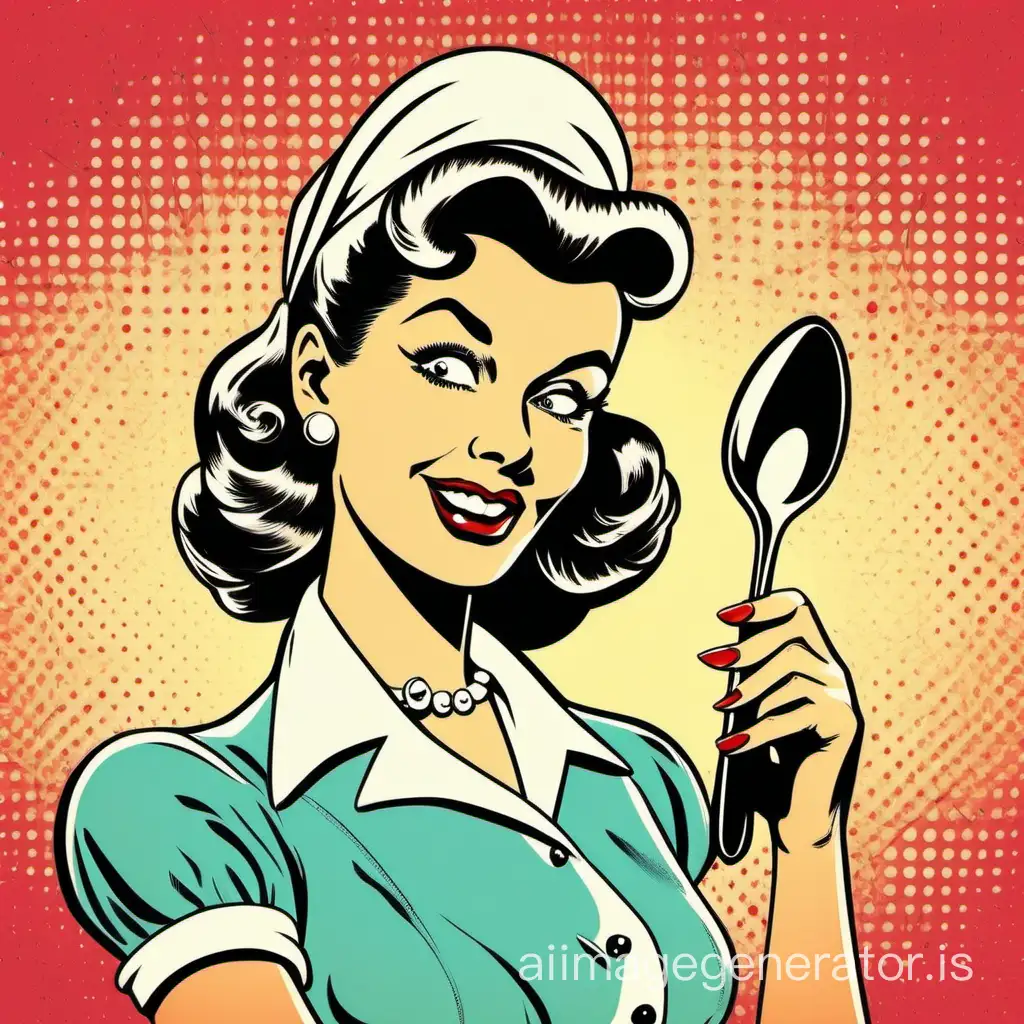 1950s retro housewife with sarcastic expression, pop art illustration style with strong outlines and realistic, we defined details, scooping a spoon with the same art style.