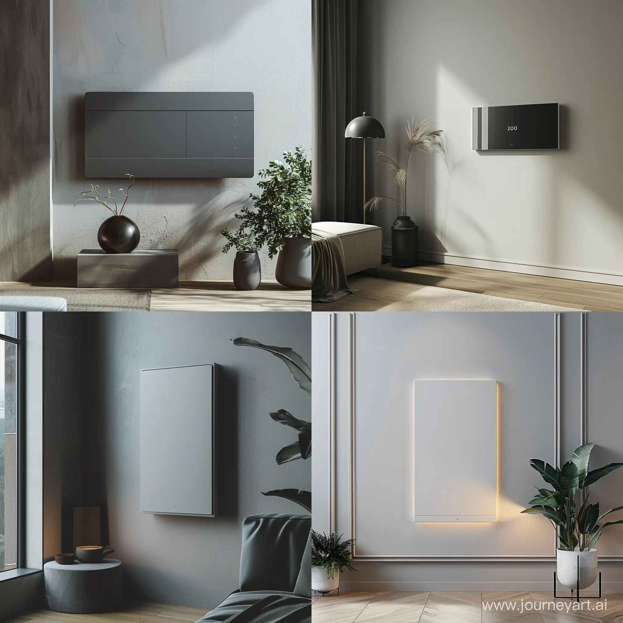 "Imagine a sleek, rectangular energy management panel that blends seamlessly into any room's decor. This flat, wall-mounted device is designed with a durable composite material that can be painted over or covered with wallpaper to match the interior perfectly. It features discreet, touch-sensitive areas for intuitive control, maintaining a smooth surface that is indistinguishable from the rest of the wall. The panel measures 30 cm by 20 cm, with a slim profile of 1 cm, embodying minimalist elegance and advanced functionality in smart homes."photorealistic product design style