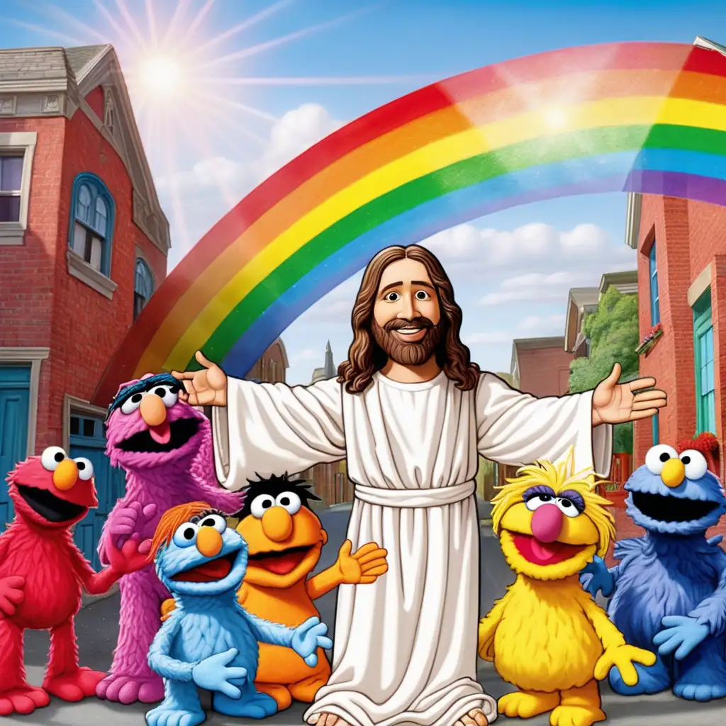 Vibrant Rainbow Jesus Delighting Sesame Street