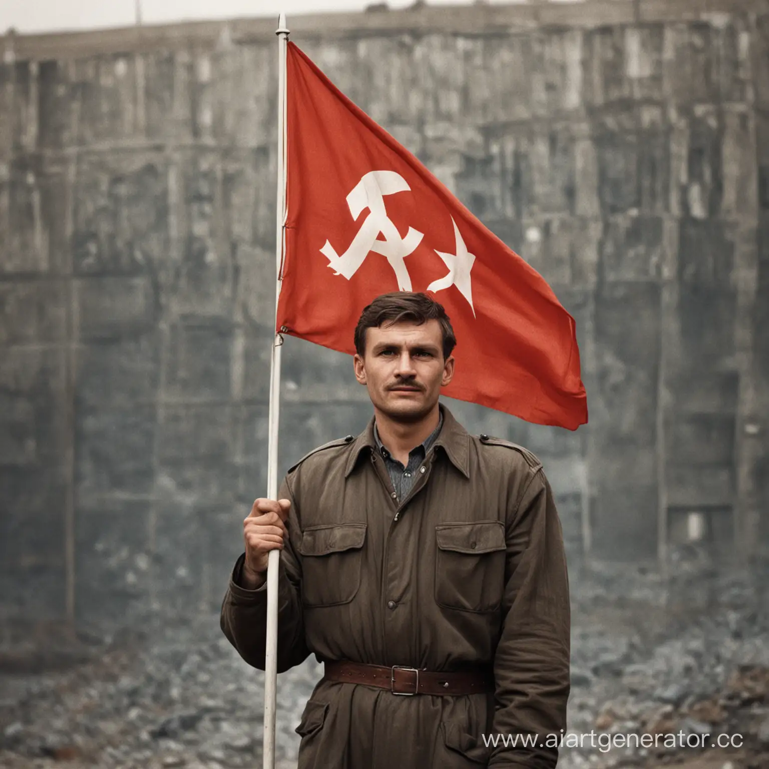 Советский рабочий, мужчина, держит в руках флаг
