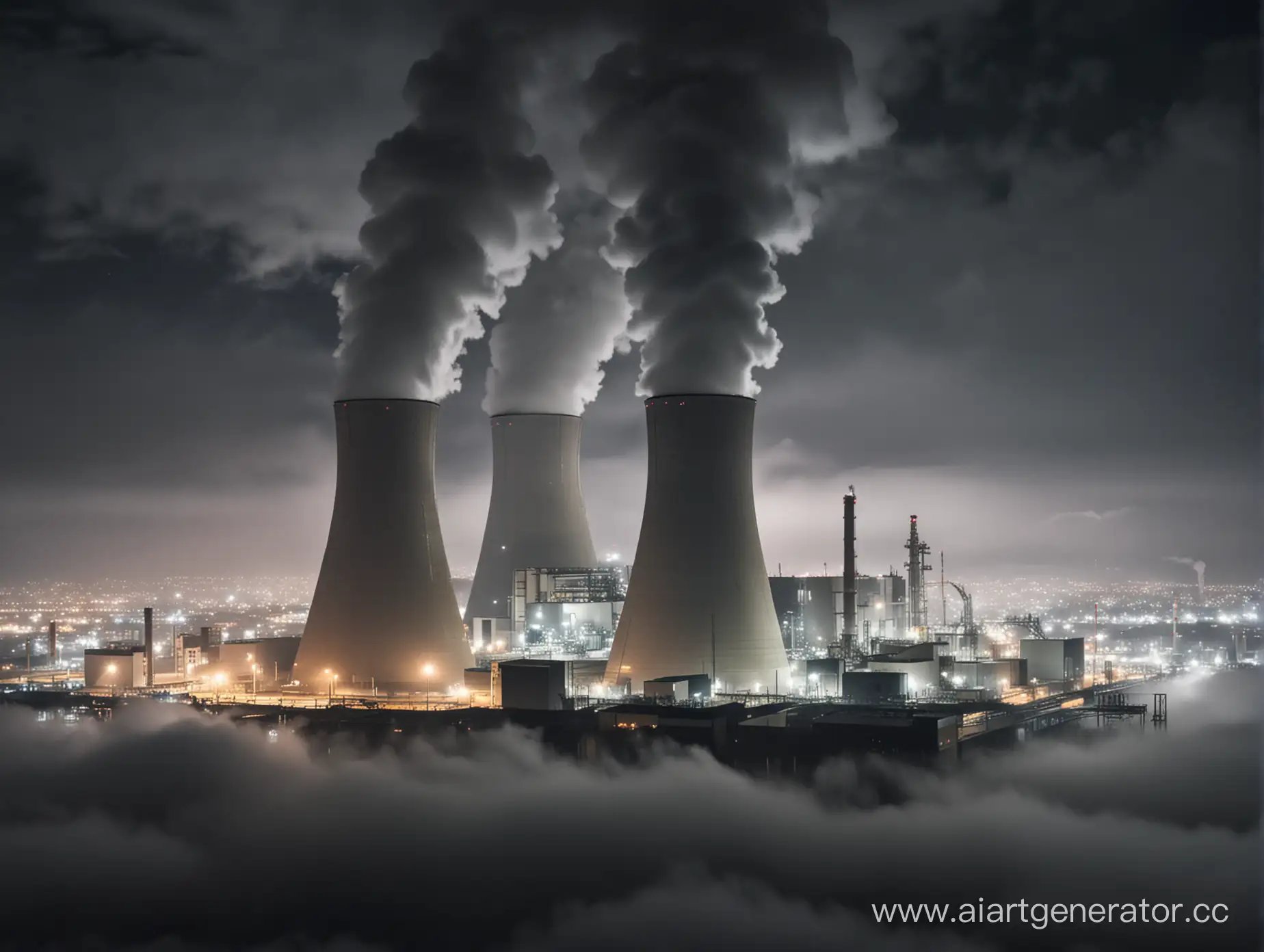 a nuclear power plant in a night city with thick clouds and fog