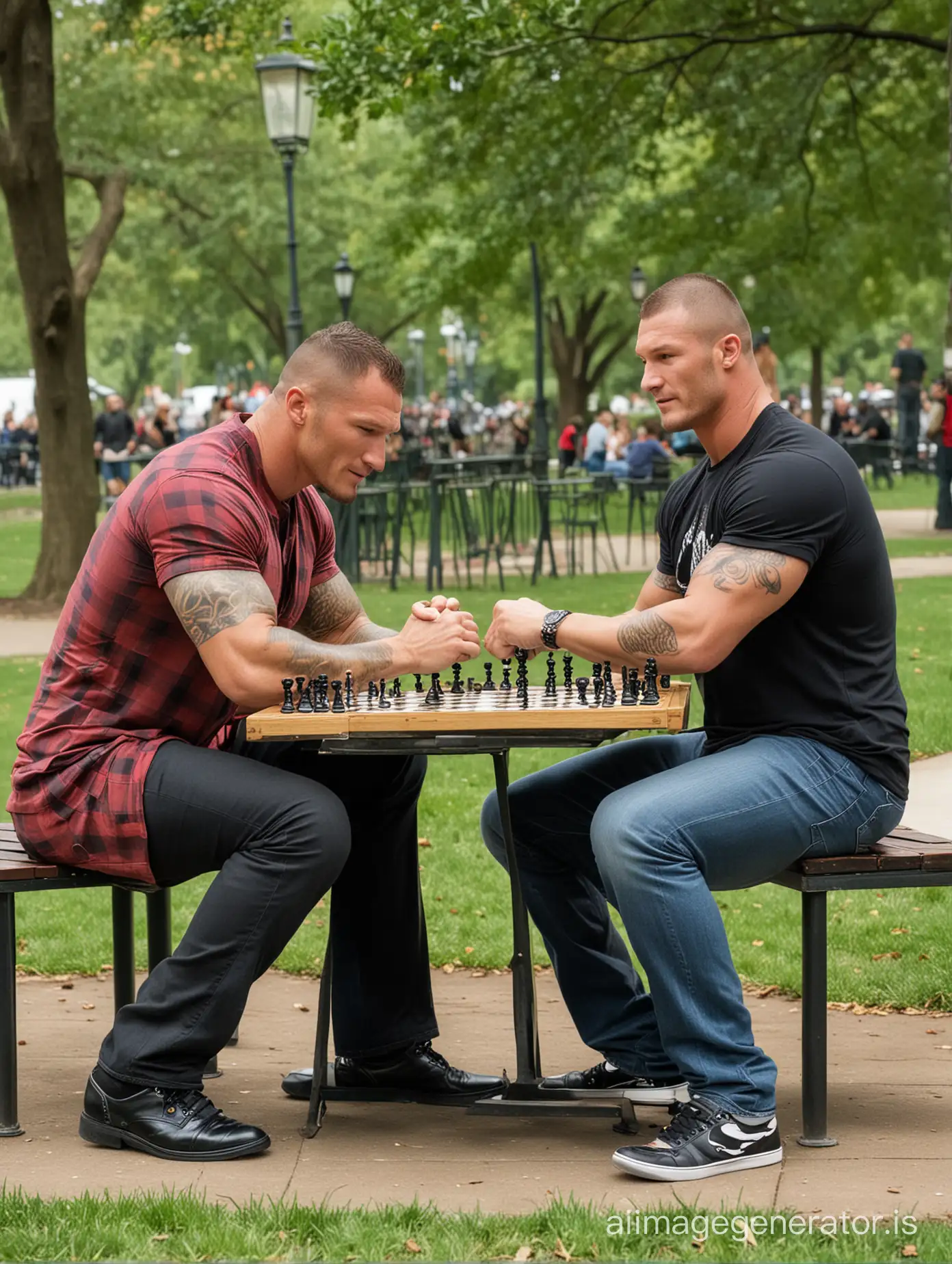 randy orton and edge playing chess in the park