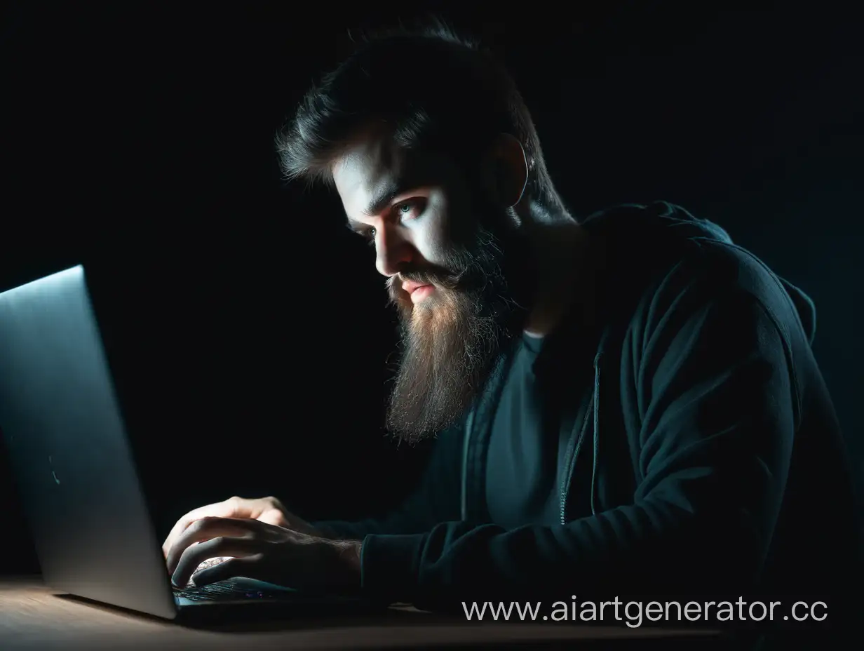 программист с бородой в темноте работает за черным ноутбуком