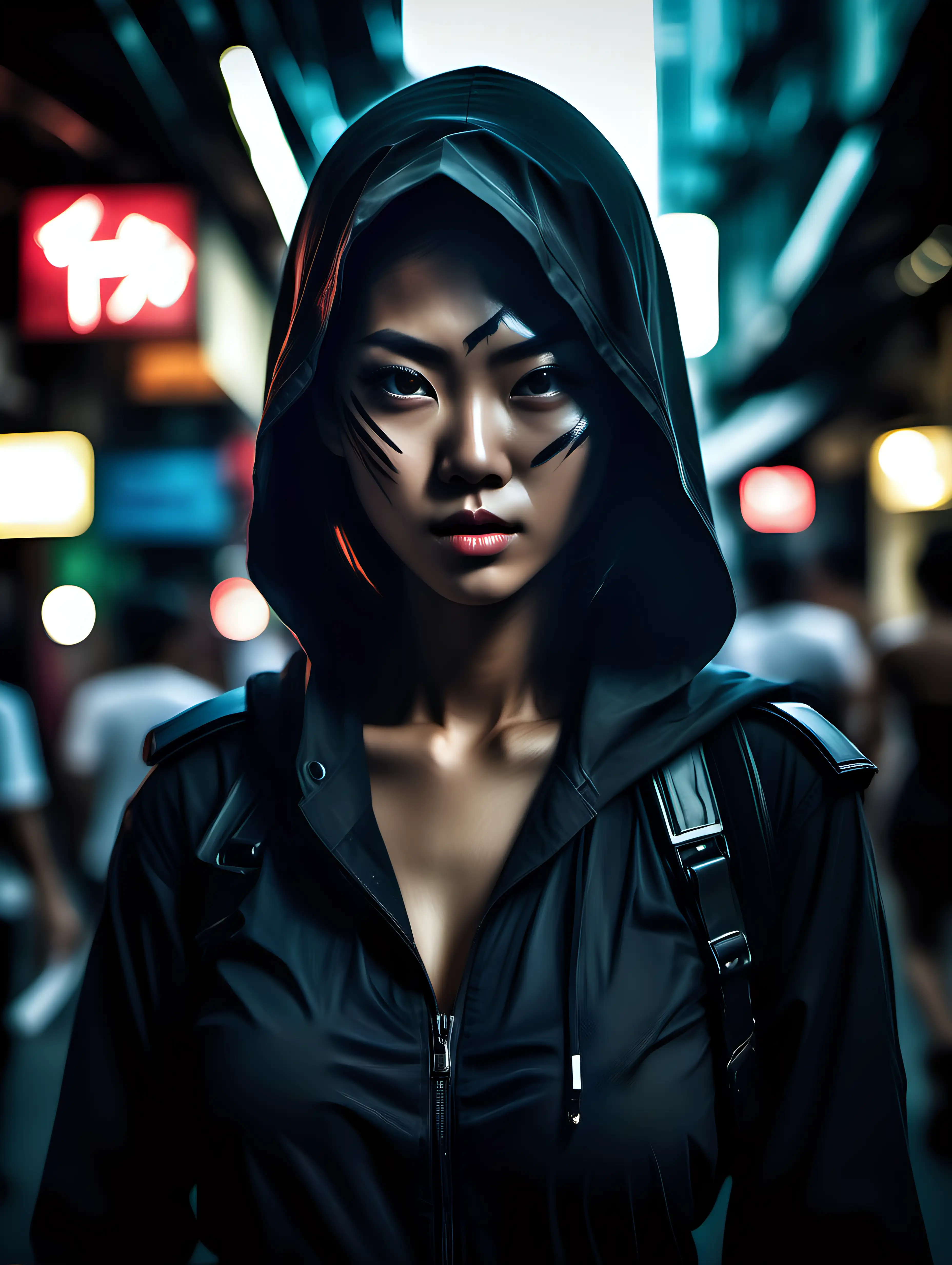 (cinematic lighting), a female assassin In the bustling streets of modern Bangkok, she is a paradox of youth and lethal expertise. With an air of quiet confidence, she navigates the vibrant cityscape with a mix of inconspicuous elegance and razor-sharp focus. Cloaked in urban chic attire that conceals the arsenal beneath, her eyes reveal a wisdom beyond her years. Her movements are a seamless blend of calculated precision and the spontaneity of the metropolis. In the chaos of Bangkok's nightlife, she is both a chameleon and a predator, embodying the juxtaposition of youthfulness and the shadows of a covert profession. Intricate details, detailed face, detailed eyes, hyper realistic photography,