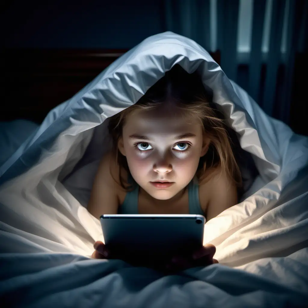 Generate an image depicting a scene of a young girl nestled in her bed at night, concealed beneath her covers. Illuminate her face with the soft glow of the iPad she holds, revealing a determined and resolute expression in her eyes. Ensure a subtle, reassuring smile and slightly raised eyebrows convey a sense of inner strength. Position her body language to show her holding the iPad close to her face, both hands supporting it, with a slightly upright posture under the protective folds of the covers.

Incorporate details of the covers as a symbolic shield, emphasizing the refuge they provide from the storm. Direct the AI to create stormy night elements outside the window – raindrops splashing against the windowpane and intermittent flashes of lightning illuminating the room. This contrast highlights the girl's courage in the midst of external chaos, showcasing her ability to find comfort and bravery within the technological embrace of her iPad.
