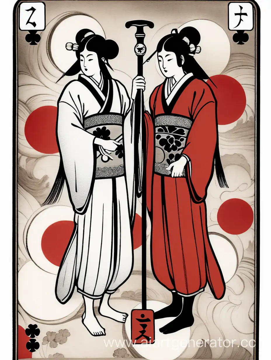 карта таро с изображением двойки шестов, в стиле японской фрески, в чёрно-бело-красных цветах