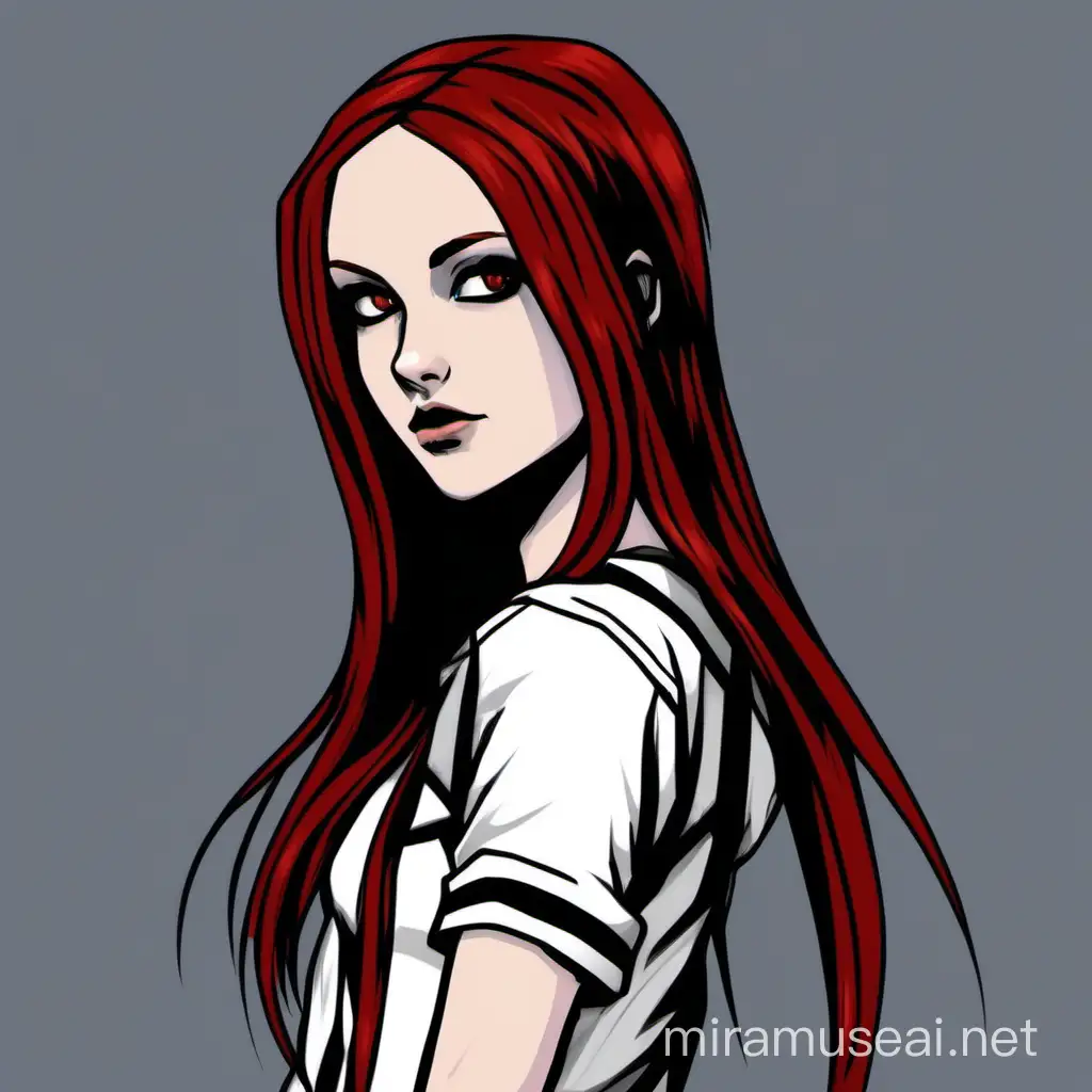 red haired young white woman with long dark red hair with an emo style, dark brown eyes, plump lips. Make her in a videogame style. Give her 2000s emo clothing style, full body. Make her in a ps2 old videogame graphics. Make her in a 2000s videogame ps2 old style, low quality.