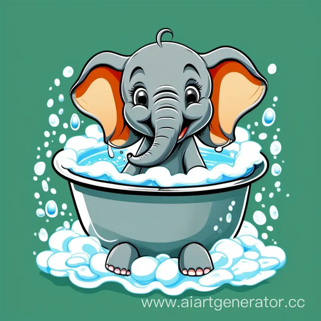 Слоненок купается в ванне с пеной и смеется, в рисованном стиле