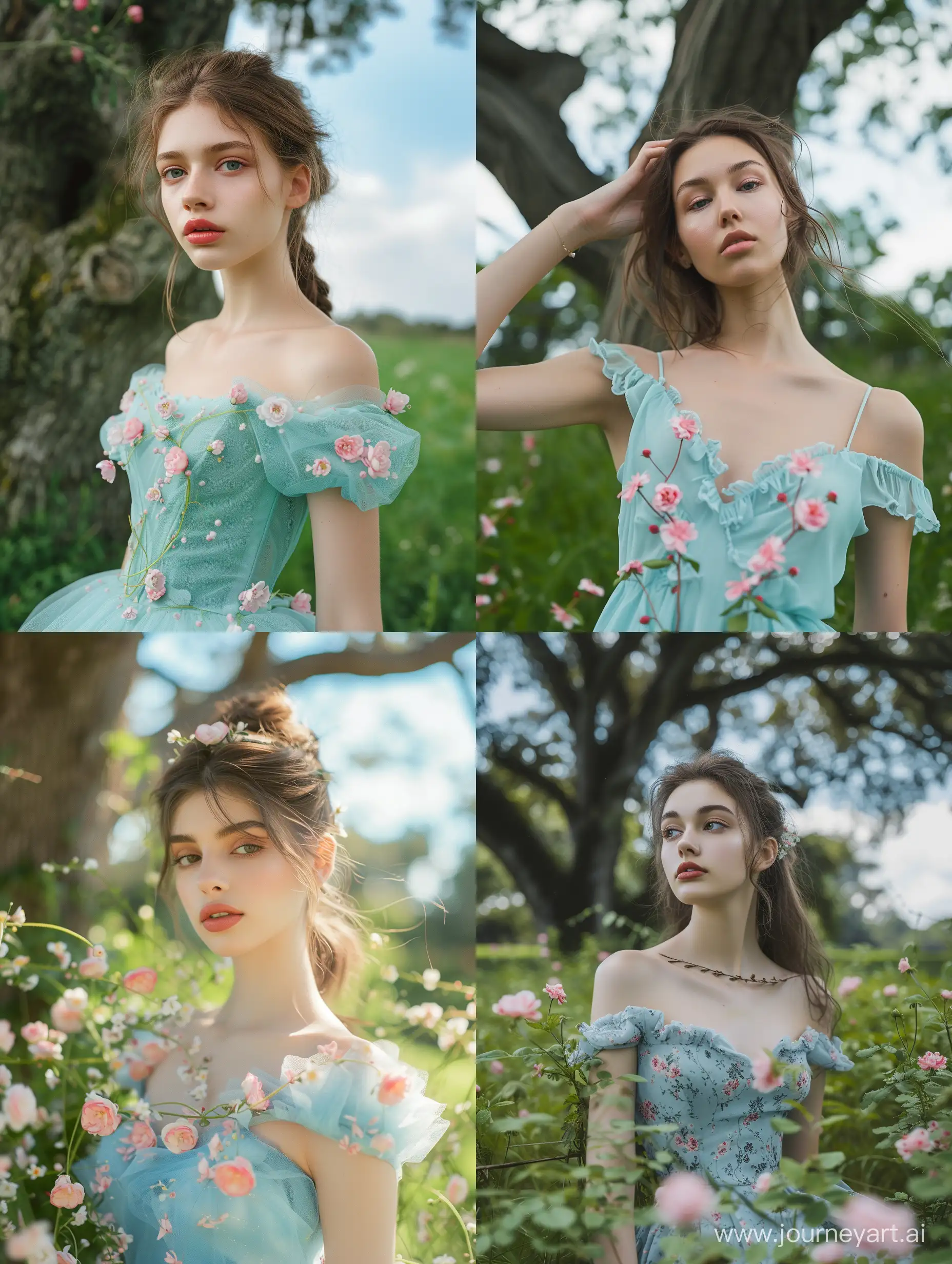 A close-up details of A beautiful, wonderful, pretty, sweet, soft model young woman wears a sky blue dress with pink flowers in a green garden with a big tree behind it in the middle of the day. Realistic. Real. Photo. 35mm.