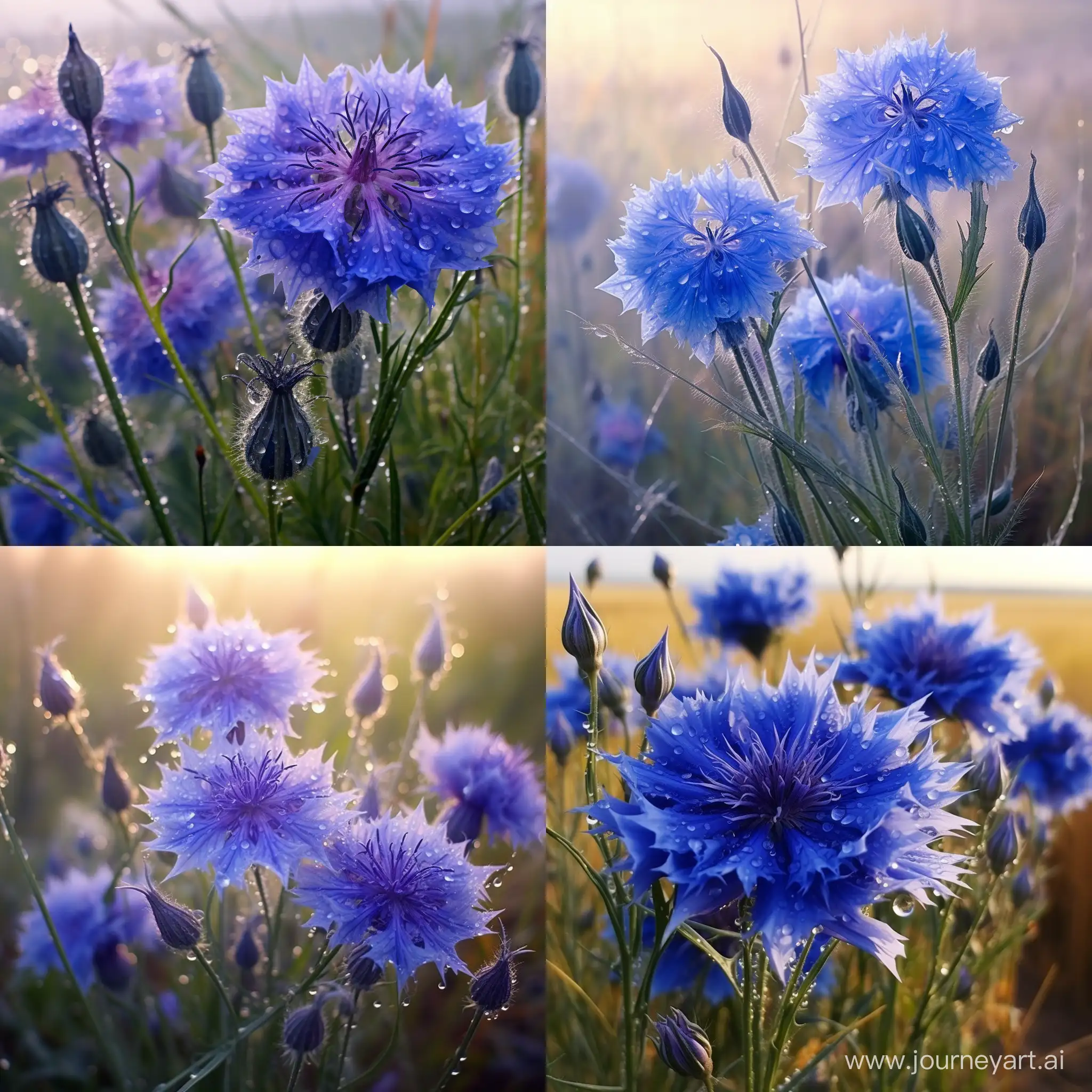 Morning-Dew-Cornflowers-Serene-Fieldscape-with-Vibrant-Blue-Blooms