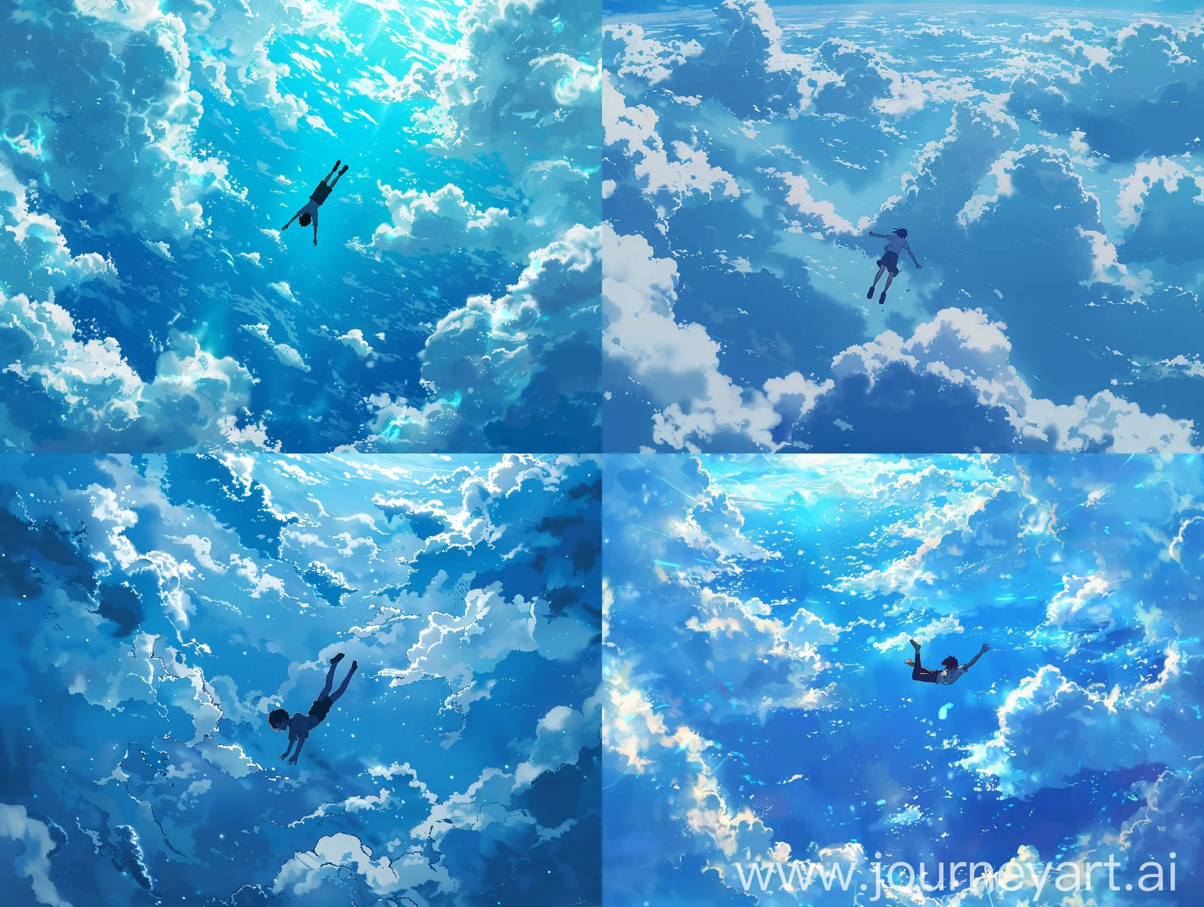 person falling from the sky through an ocean of clouds, blue untertone, in the style of makoto shinkai Kimi no Na wa, detailed, 4k