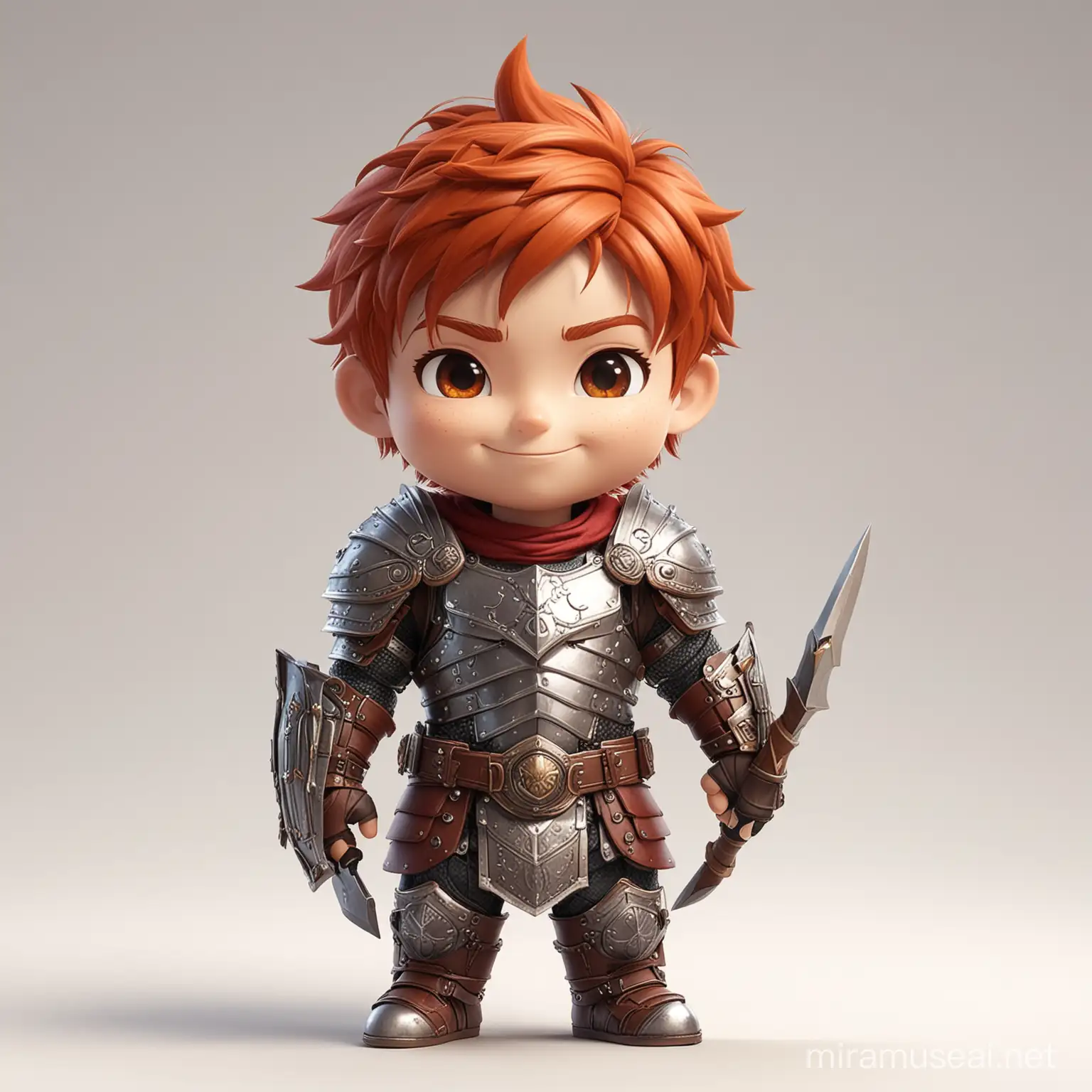 male child warrior smiling red hair wearing armor on a white background full body chibi style