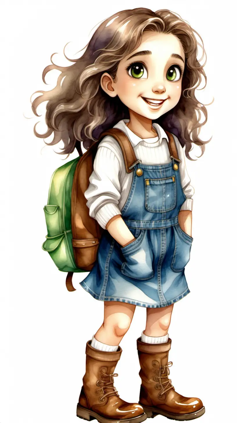 Do a character sheet of  Luna, she is a 6 year old girl with medium length wavy hair, brown eyes, exited and happy face, she is wearing a denim dress overall  and a white sweater with brown boots, she is caring a green plain fabric backpack . Usewatercolor style design