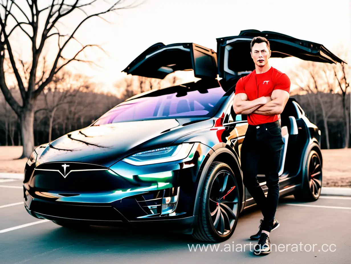 so muscle, influencer, youtuber, tiktoker, instagramer, have to tesla model x car, handsome young man