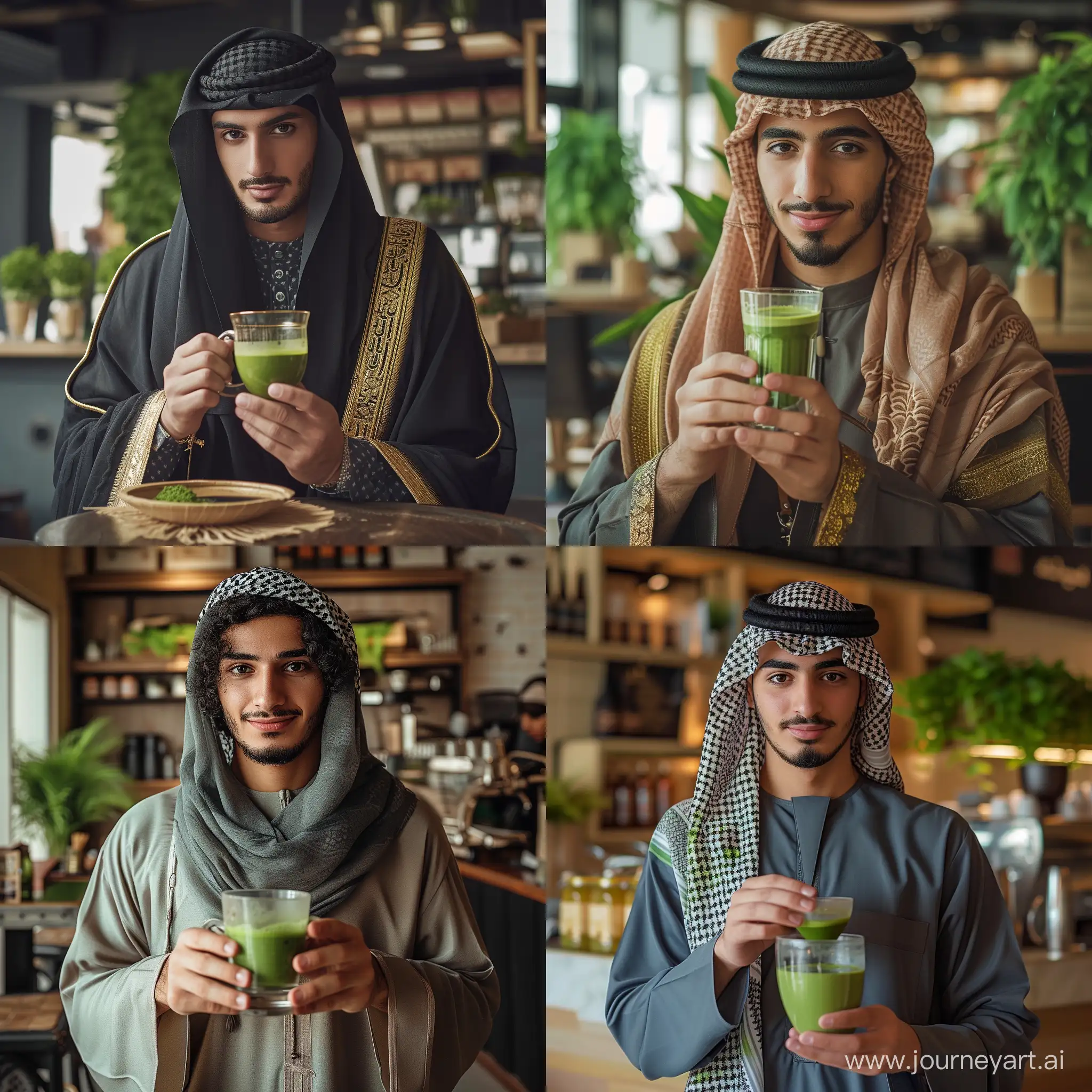 Real and natural photo of young man in Arabic dress holding a cup of matcha tea. Matcha tea glass should be clear. The space around him is a cafe. Full details of matcha tea cup and man's face, clothes and hands. natural light.