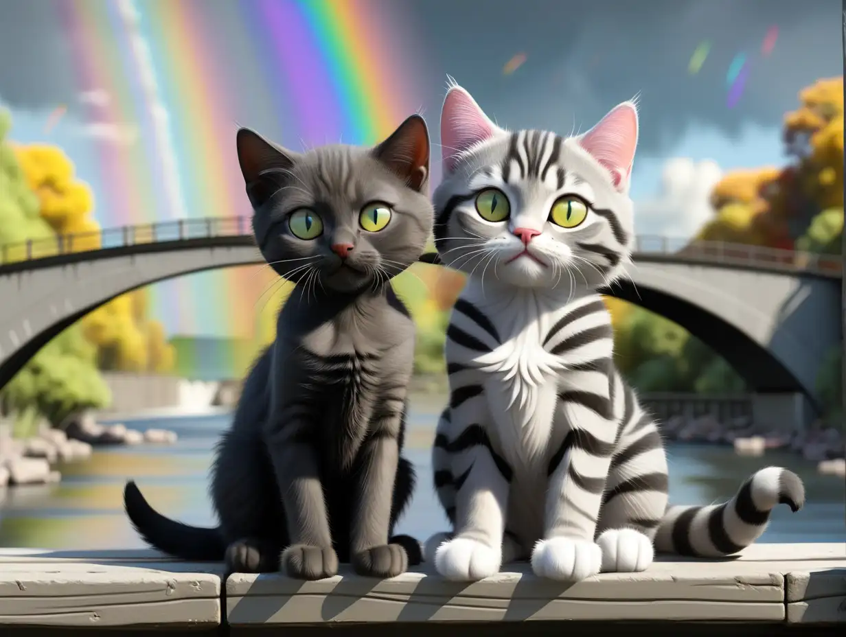 one small black kitten and one big gray and white striped tabby cat sitting at a bridge over a river with a rainbow in the backround