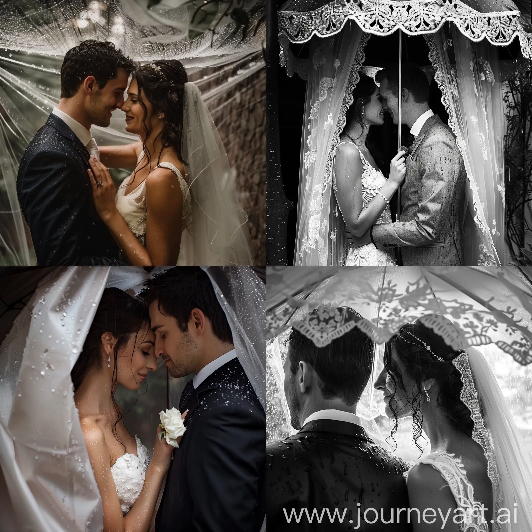 Bride-and-Groom-Sheltering-from-Rain-Under-Elegant-Canopy