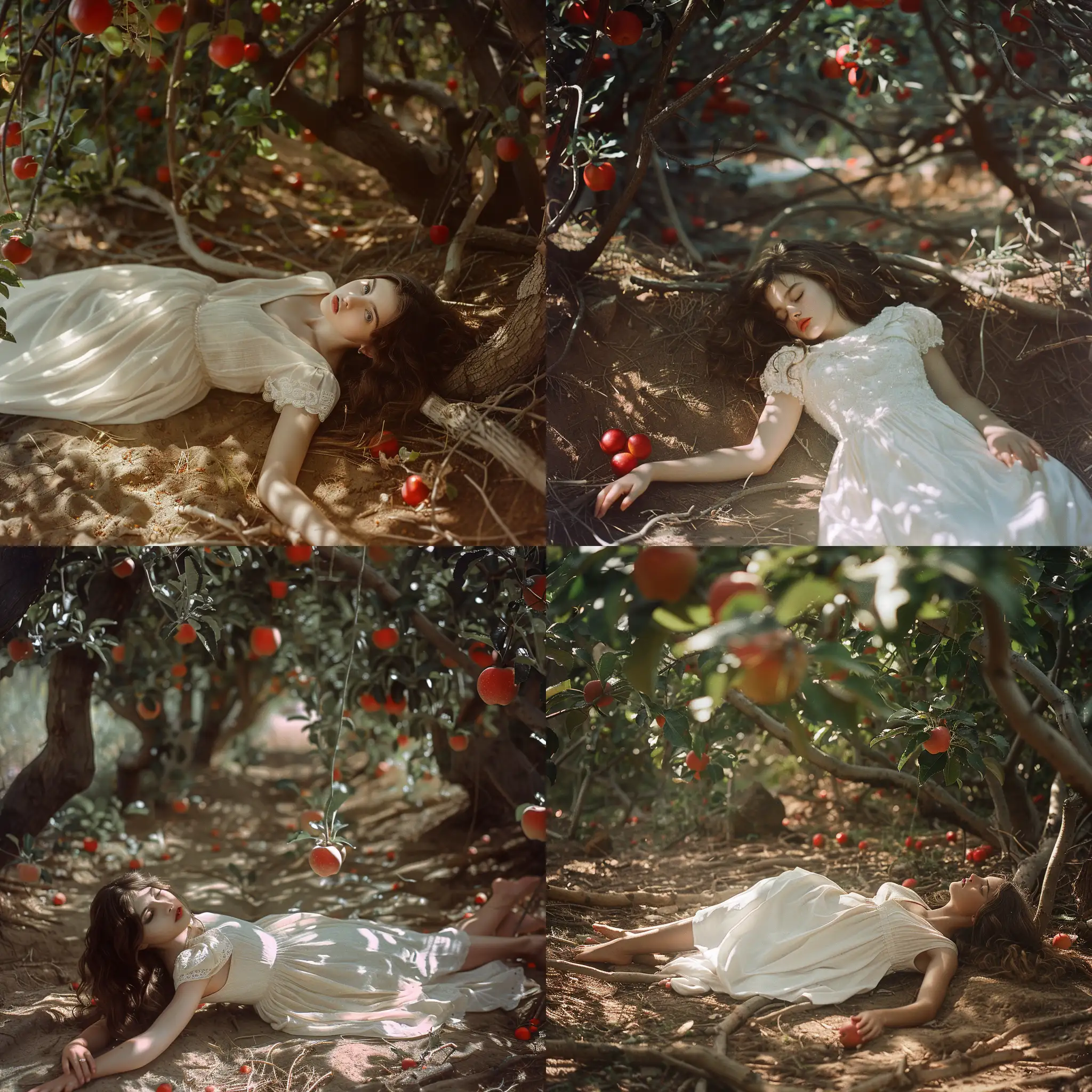Девушка в простом белом платье лежит под кронами деревьев на голой земле, распущенные волосы, голые плечи, босиком, волшебный лес, на деревьях растут красные яблоки, 8k, плёночная фотография, блики солнца на руках и лице девушки, стилистика иллюстраций Алана Ли 