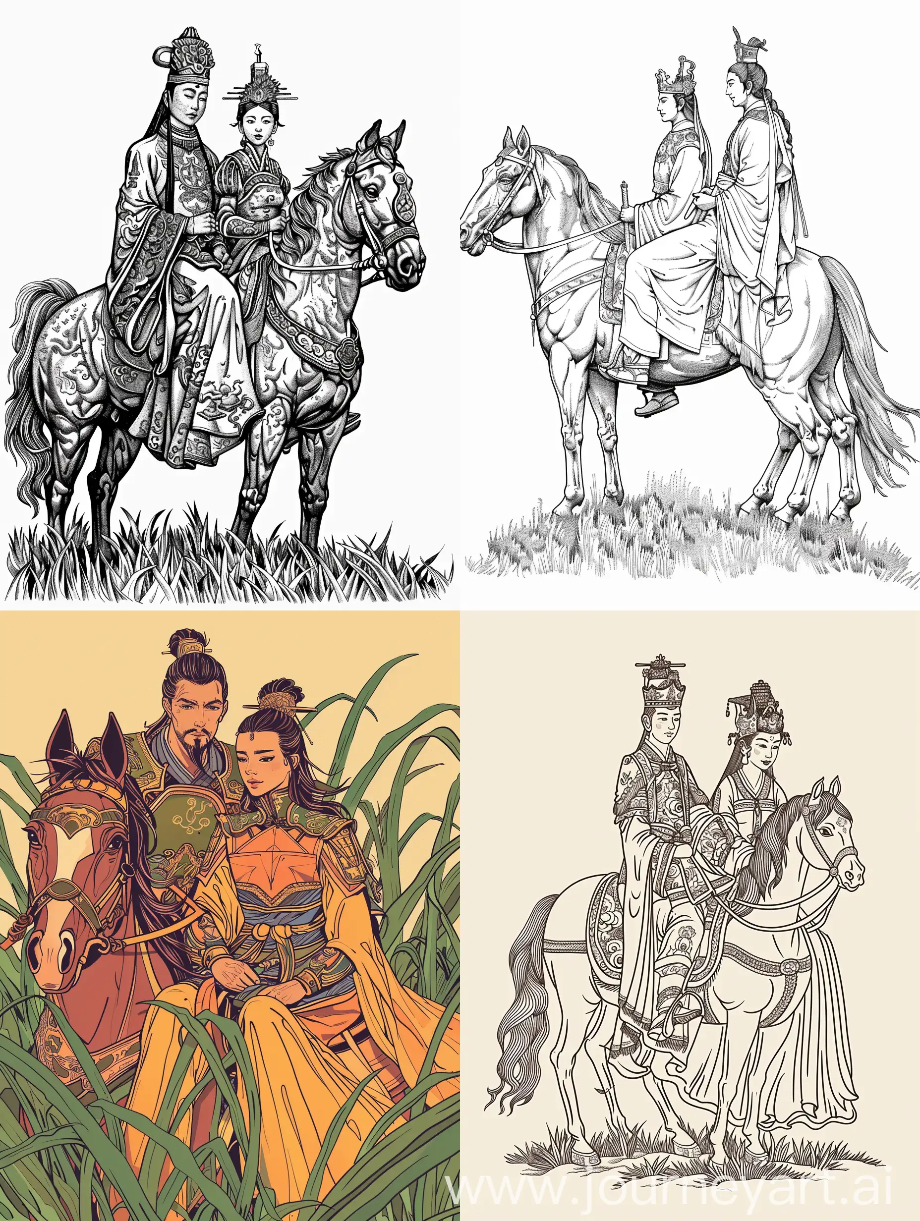 Minimalistic-Black-Stroke-Illustration-Young-King-and-Princess-on-Horseback-in-Chinese-Style-Relief-Sculpture