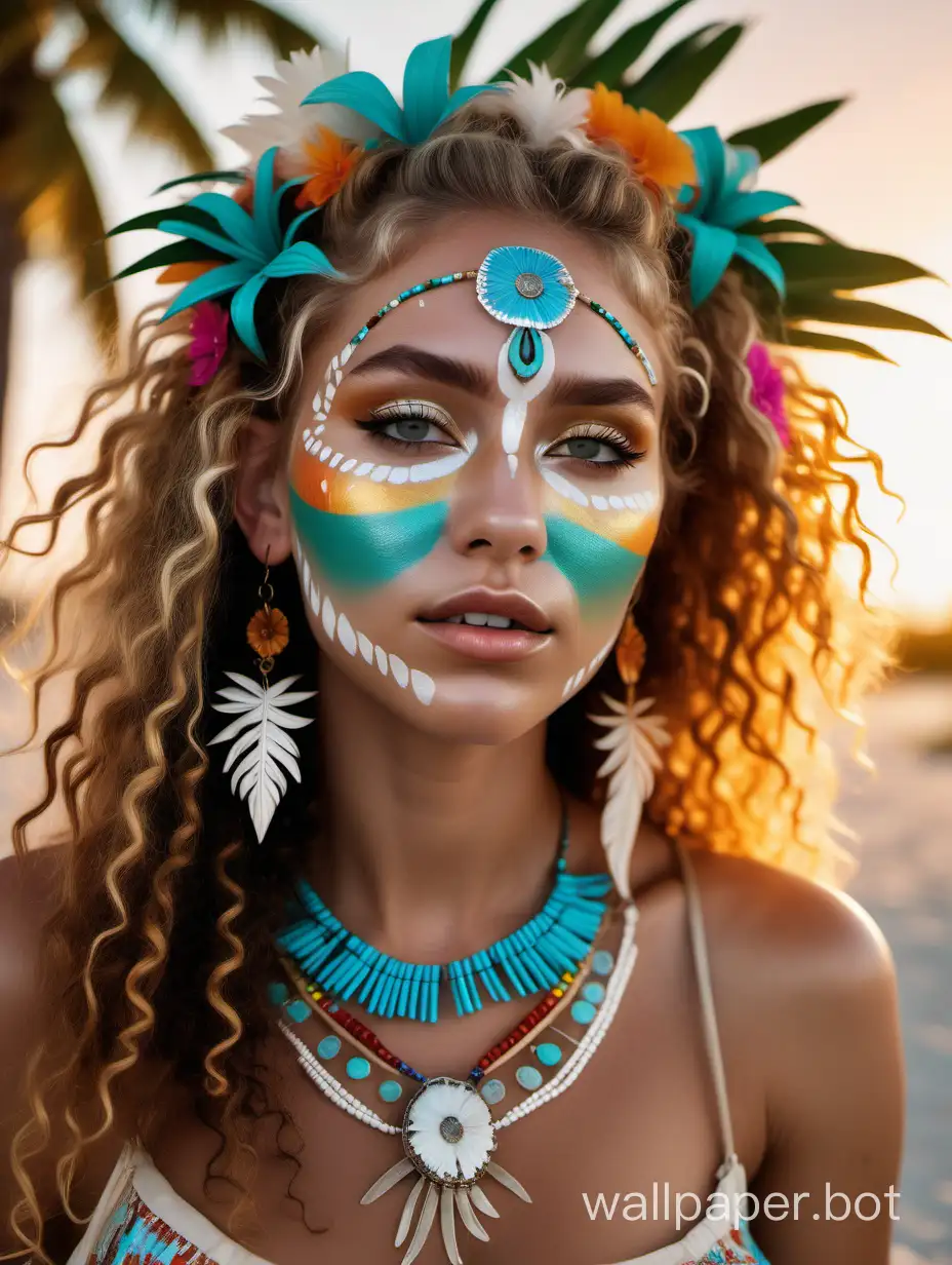 hyperreal fashion photo, clear facial features, dewy skin, tribal face painting, nordic model, long curly hair, bright carnival colours, realistic flowers in hair, beaded turquoise  earrings and necklace, boho chic, tropical white sandy beach, palm trees, golden hour, summer time, uplighting ::style raw