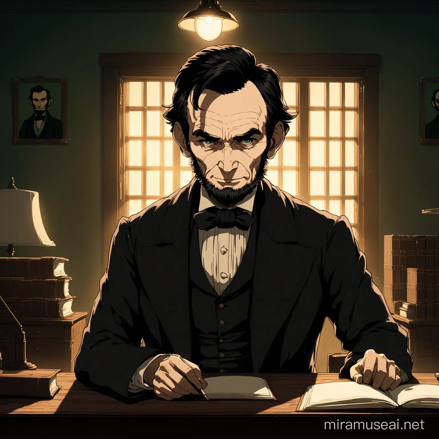 Historical Figure Abraham Lincoln in Ghibli Art Style with Intense Expression