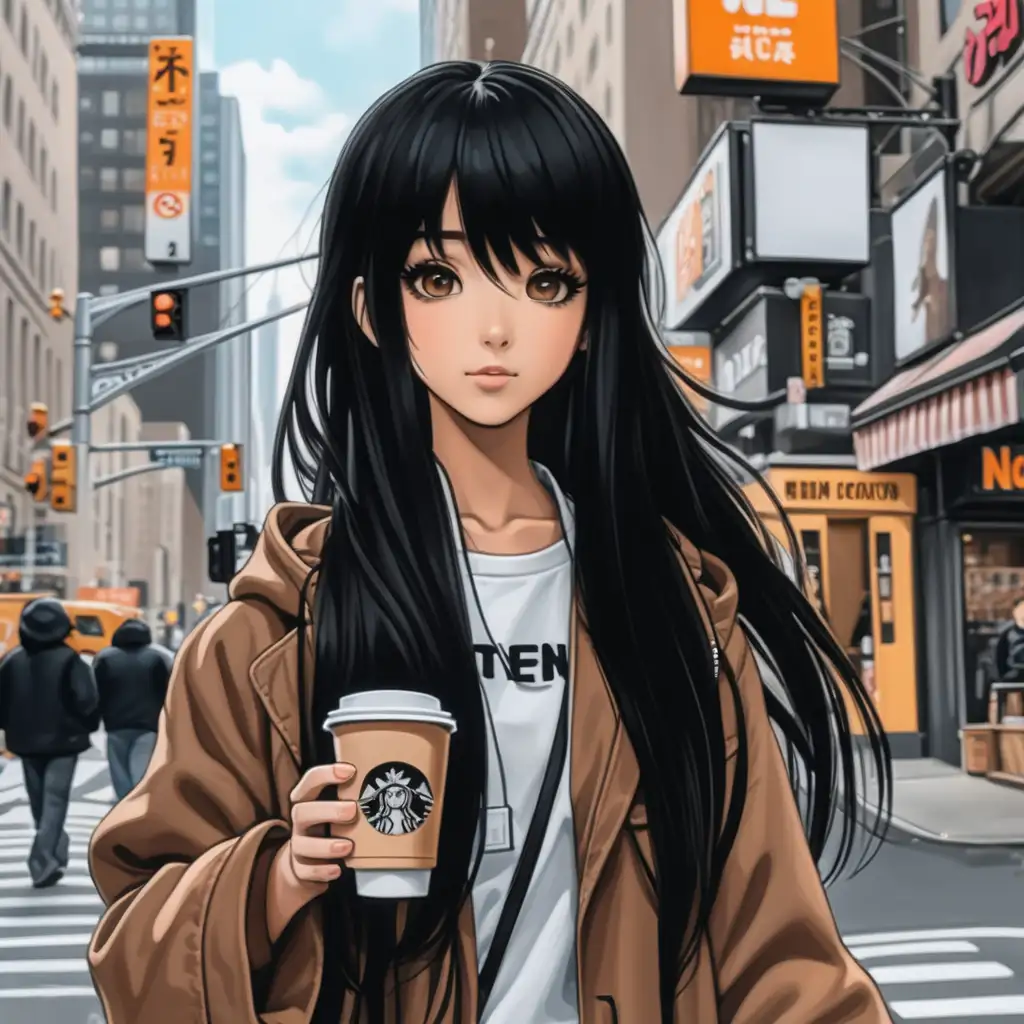 anime girl with a coffee in her hand and black hair, standing in the streets of new york


