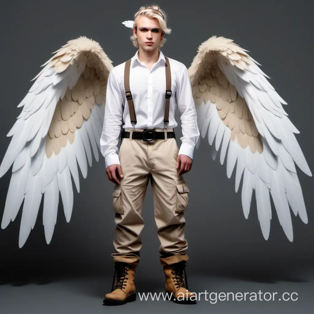 Angel guy with white skin, blond hair, brown eyes and with big white wings wearing a white shirt with a harness, beige cargo trousers, headband, and boots.