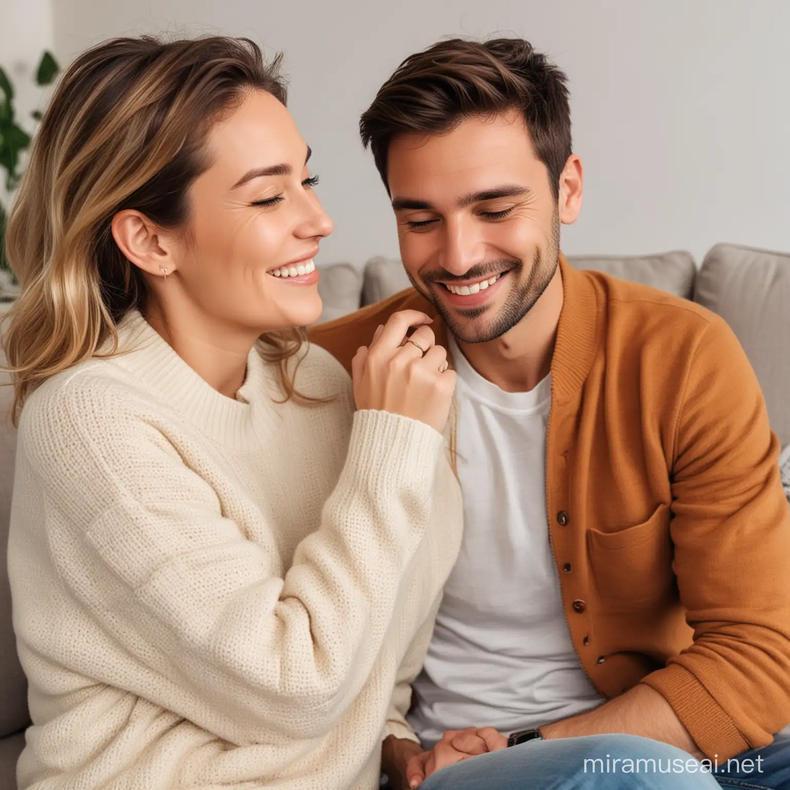 Happy Young Couple Chatting in Cozy Living Room with Bright Attire