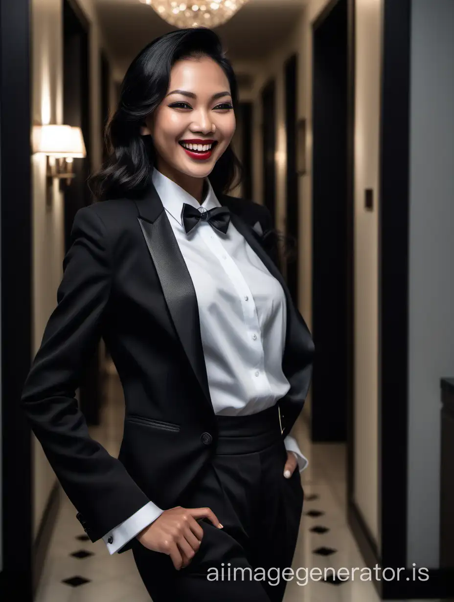 It is night. The lighting is dim. The scene is the room in a wealthy mansion. A beautiful smiling and laughing Malaysian woman with tan skin, long black hair, and lipstick, mid-twenties of age, is walking straight forward, looking at the viewer.  She is wearing a tuxedo with a black jacket and black pants.  Her shirt is white with double french cuffs and a wing collar.  Her bowtie is black.   Her cufflinks are large and black.  She is wearing shiny black high heels. She is smiling and laughing.  Her jacket is open.  Photorealistic, best quality raw photo.