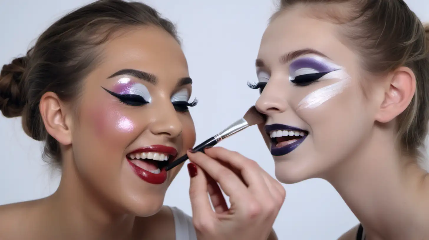a realistic image, medium close up shot of two girls putting beautiful make up on each other's face. background must be solid white. laughing having fun.
