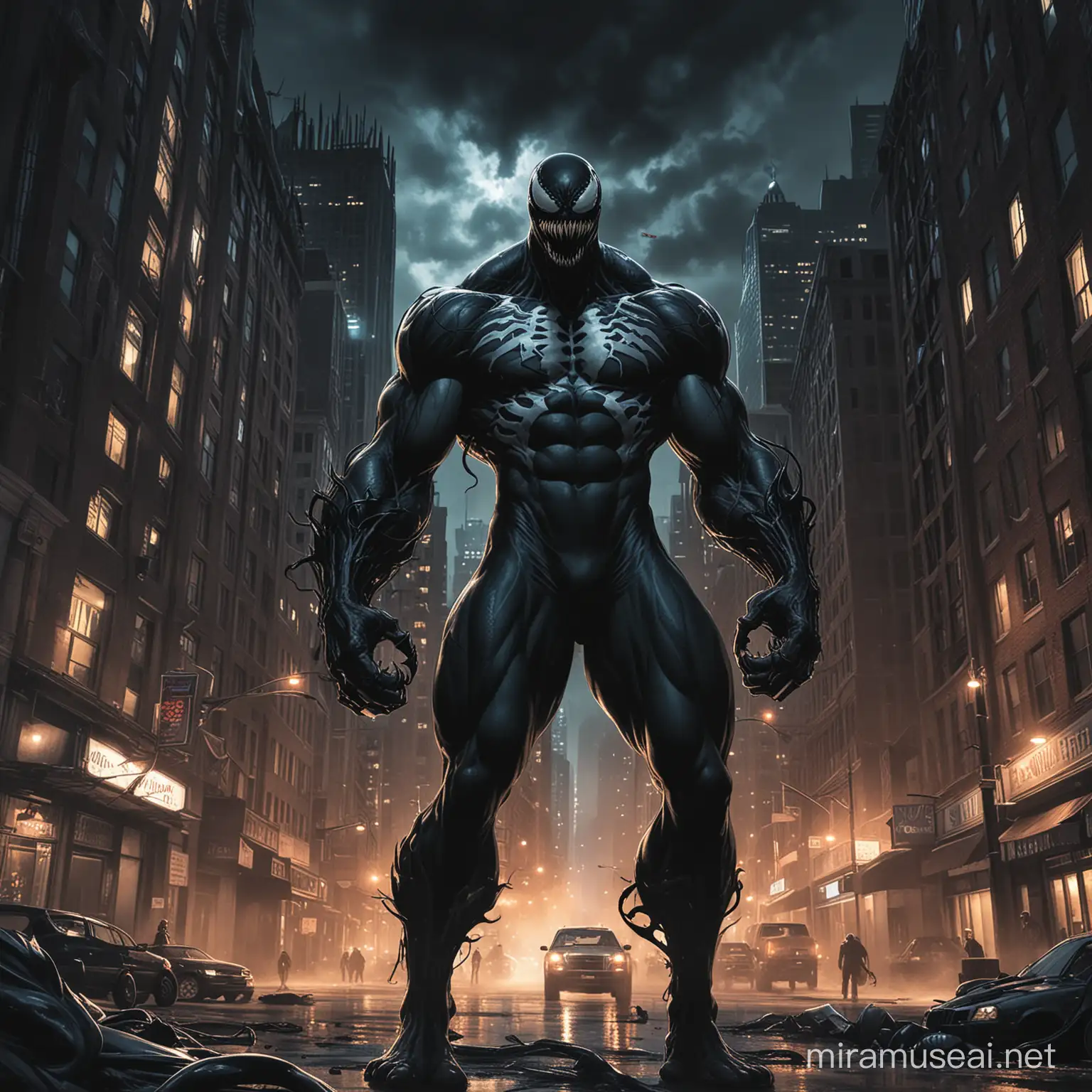 Five copies of the comic book character Venom in a dark downtown city scene