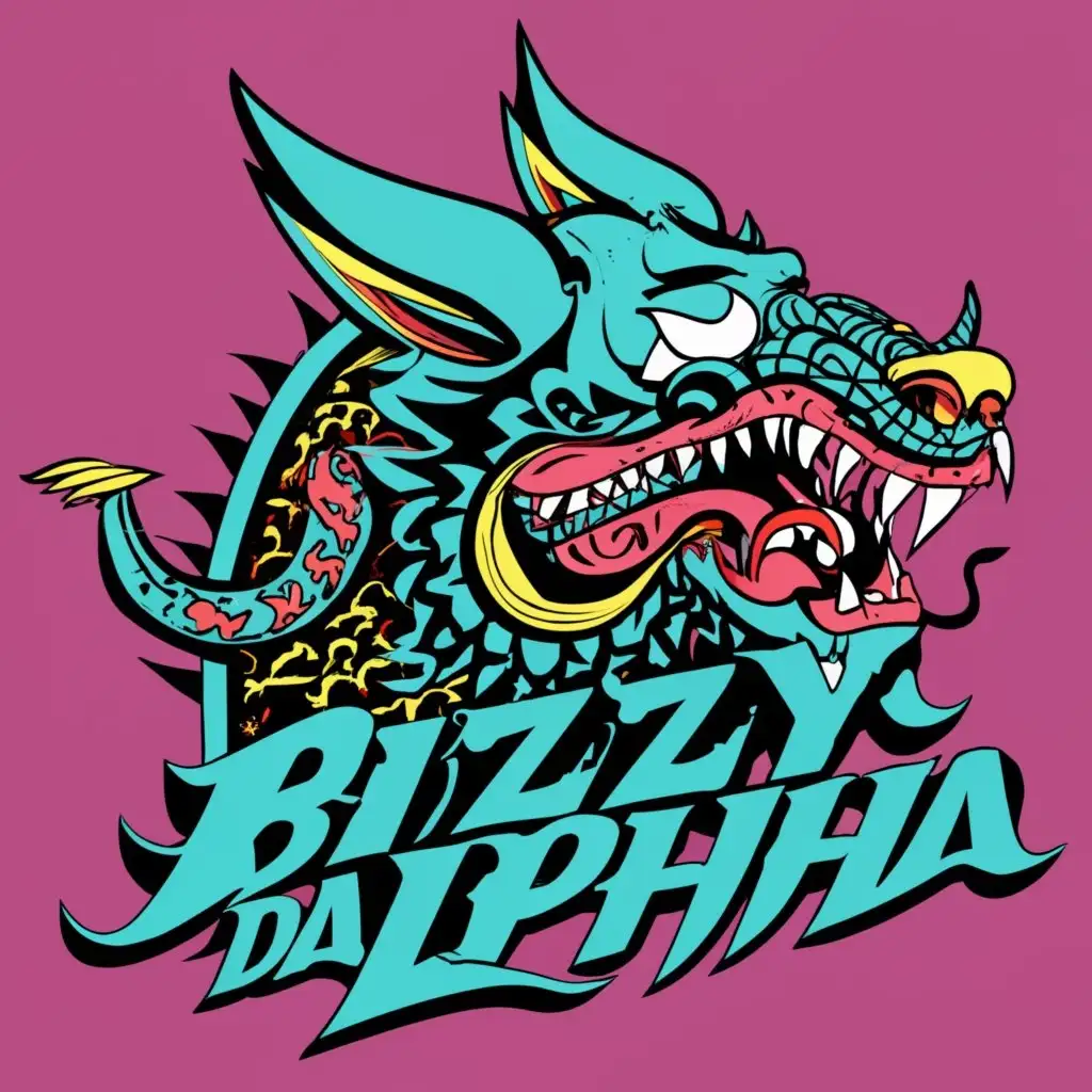 logo, ART CHINA DRAGON WOLF MUSIC STREET ART DEMON EVIL BIZZY DA ALPHA, with the text "BIZZY DA ALPHA", typography