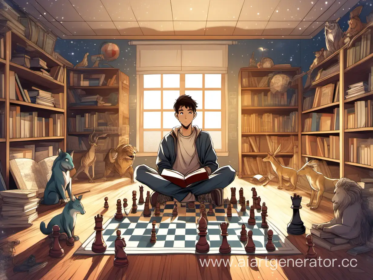 A male student sits in the center of the room surrounded by books, a geographical map, stars, animals, mathematical and physical equipment, chess