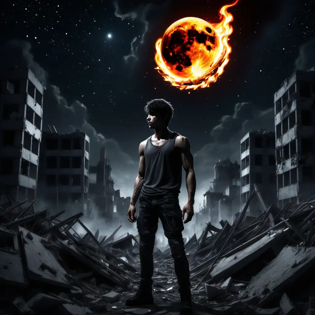 A descicrated city, rubble, in darkness, stars and a moon in the background, a lone young male figure standing holding a ball of flame in his hand