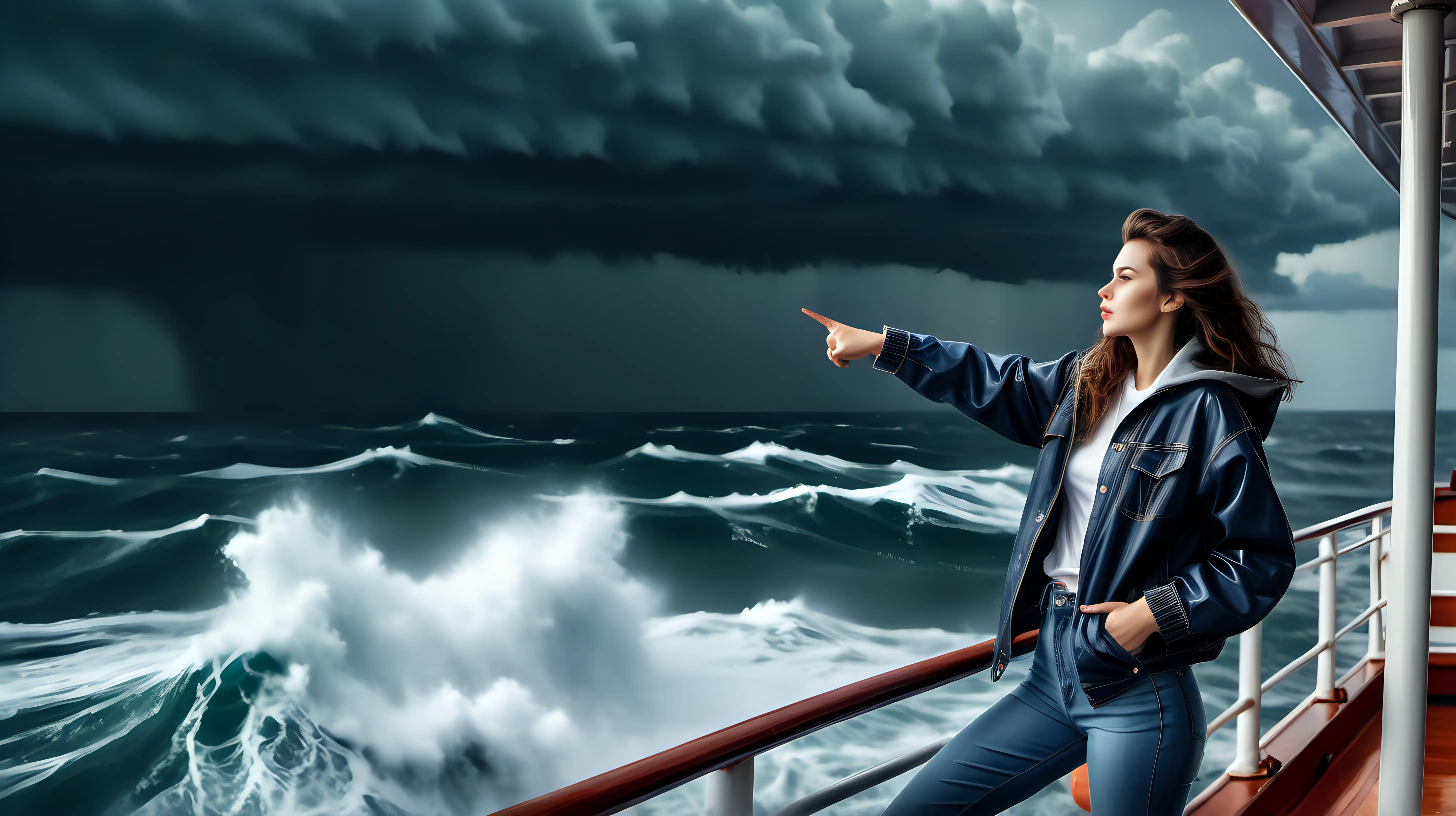 real_photo_beauty_girl jacket jeans pants alone watching from ship pointing side sea in storm horizon ship rain wind big waves
