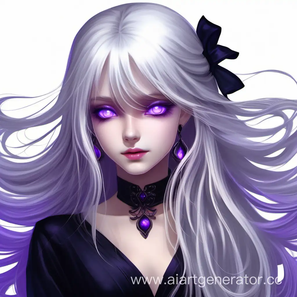Загадочная девушка с белыми длинными волосами и фиолетовыми глазами. В чёрном вечернем платье. 