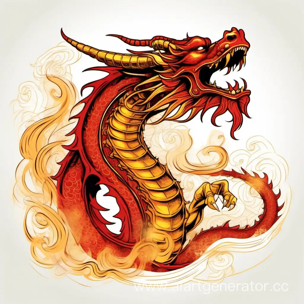 огнедышащий красно-золотистый дракон на белом фоне, отлично качество, стиль графика эскиз