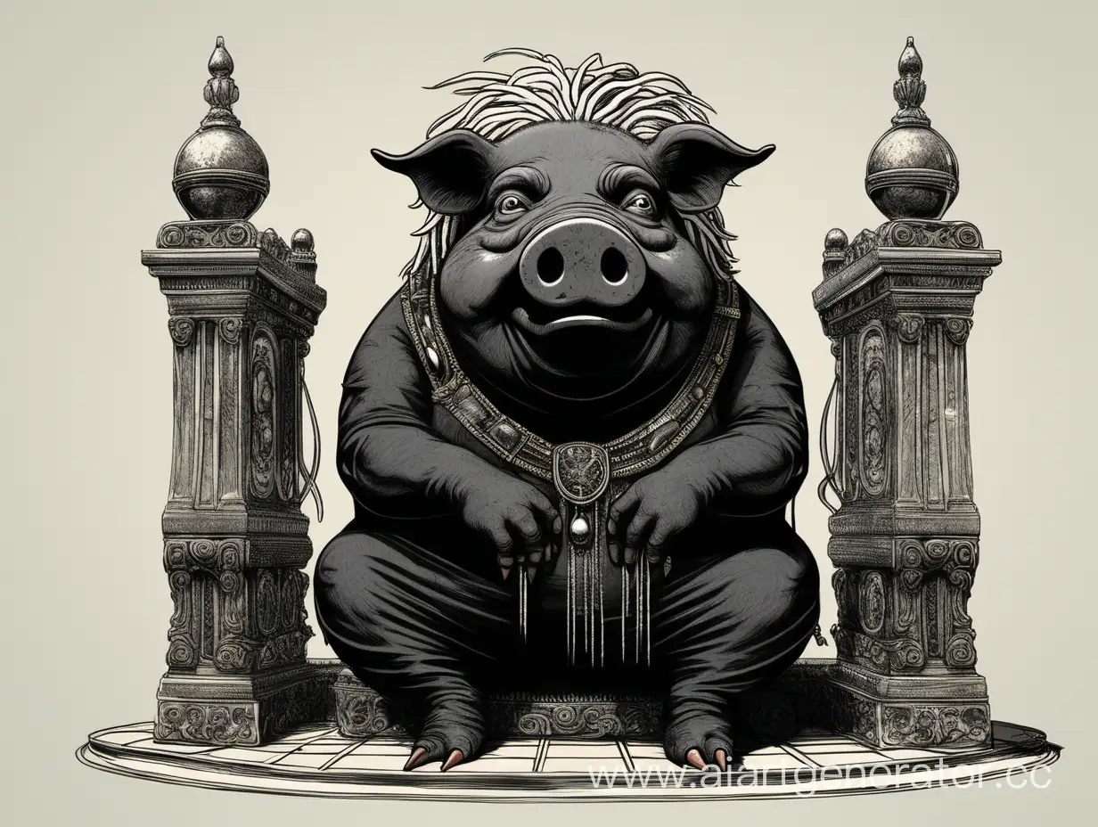 Regal-Black-Pig-with-White-Dreadlocks-on-the-Throne