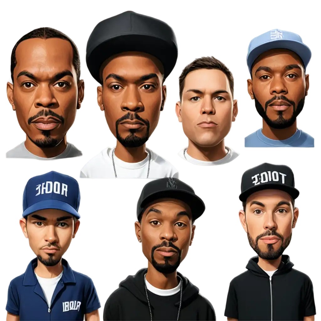 caricatures of Snoop Doog, Dr Dre, Ice Cube, Eminem, & 50cent