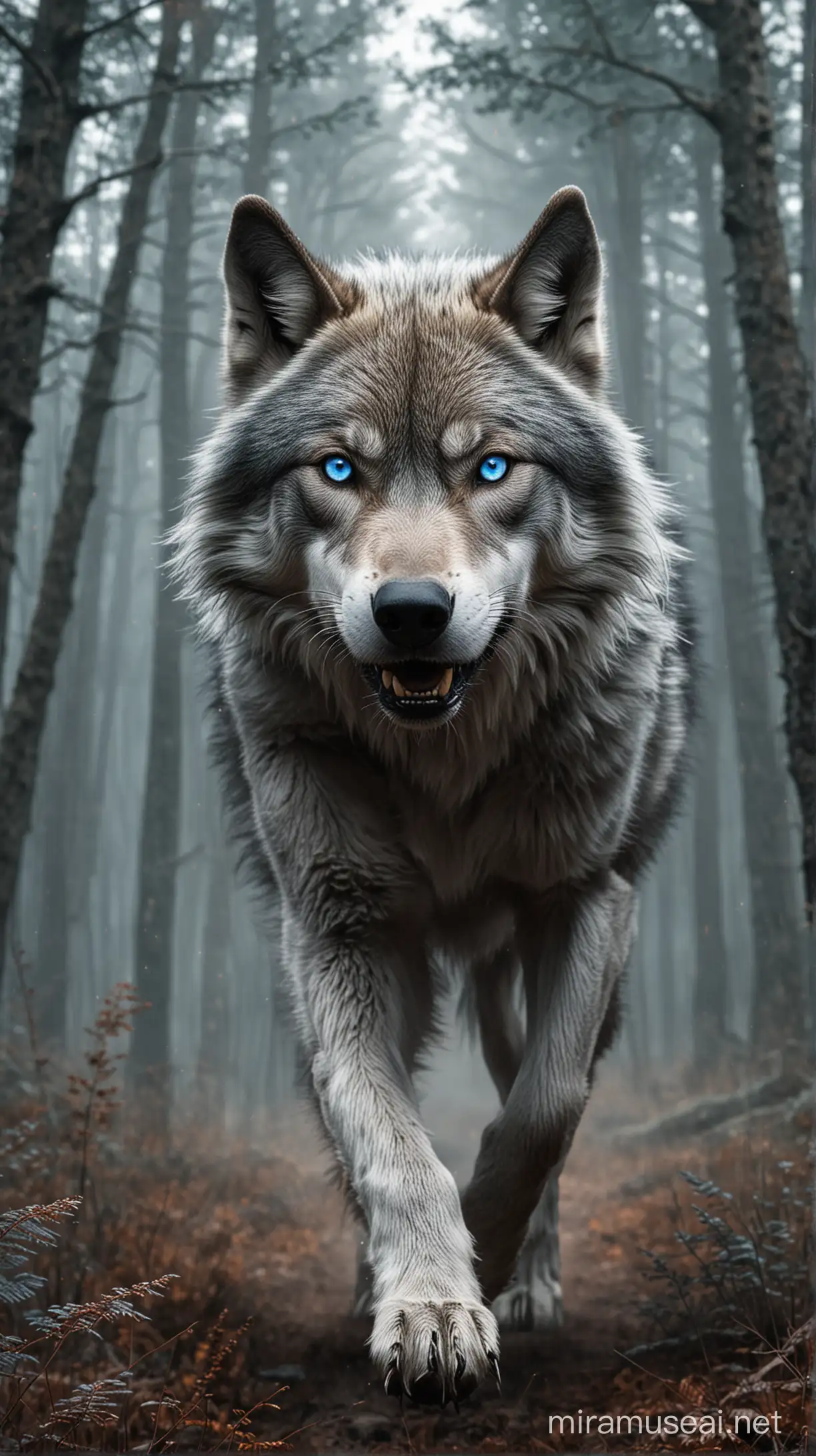 create a large muscular grey wolf with blue eyes running out of a forrest

