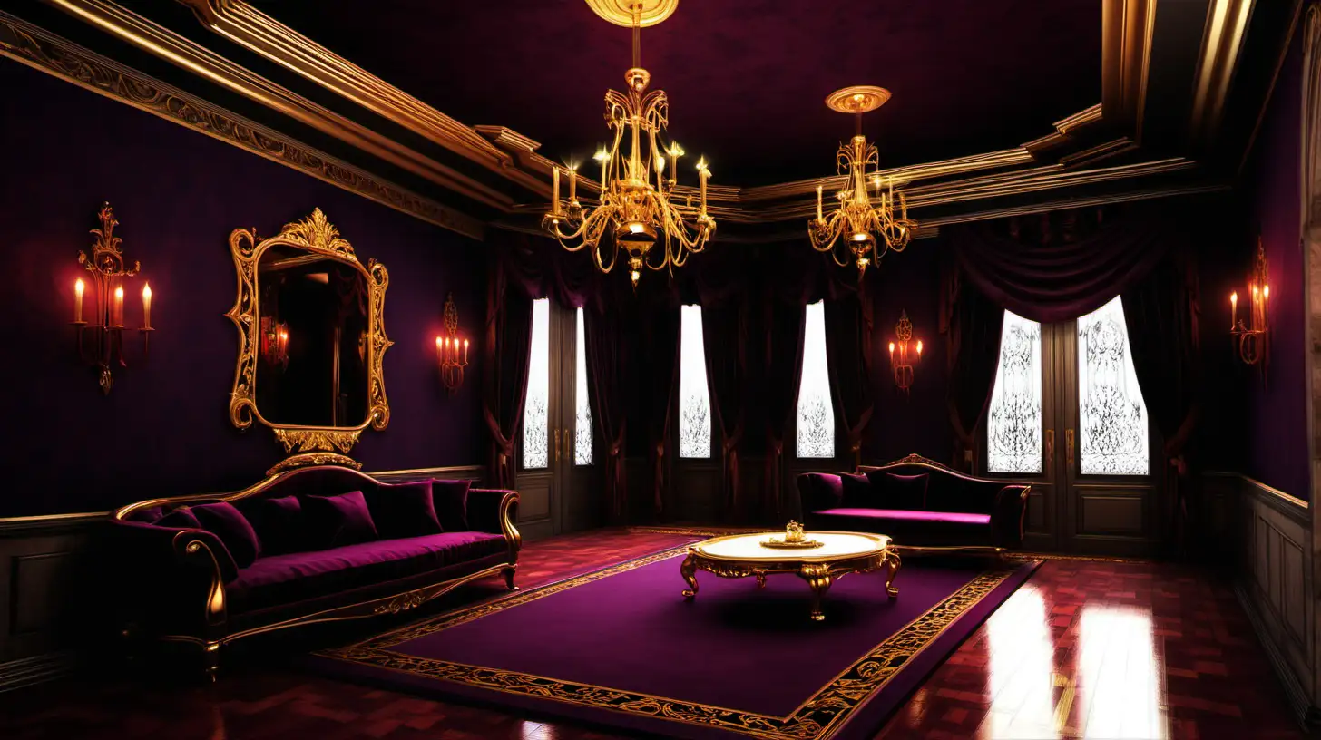Mansion interior, gold, dark purple, black, crimson