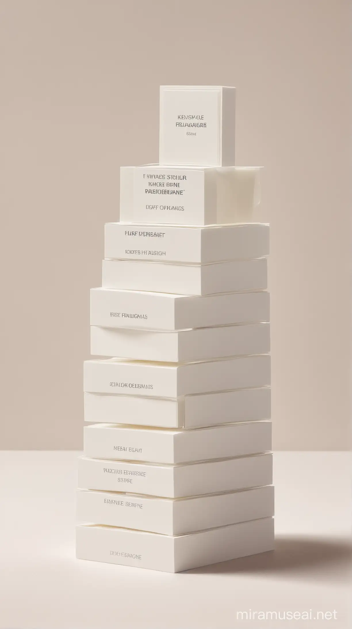 vertical stack of white fragrance sample cards, shot front on, pale background
