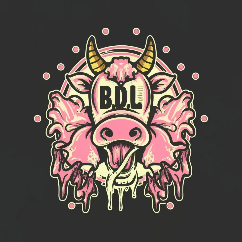 a logo design,with the text "B.D.L", main symbol:A Stoner cow that squirt milk all around.
The title should be Pink.
The logo Is round,complex,clear background
Attento alla scritta,deve essere corretta