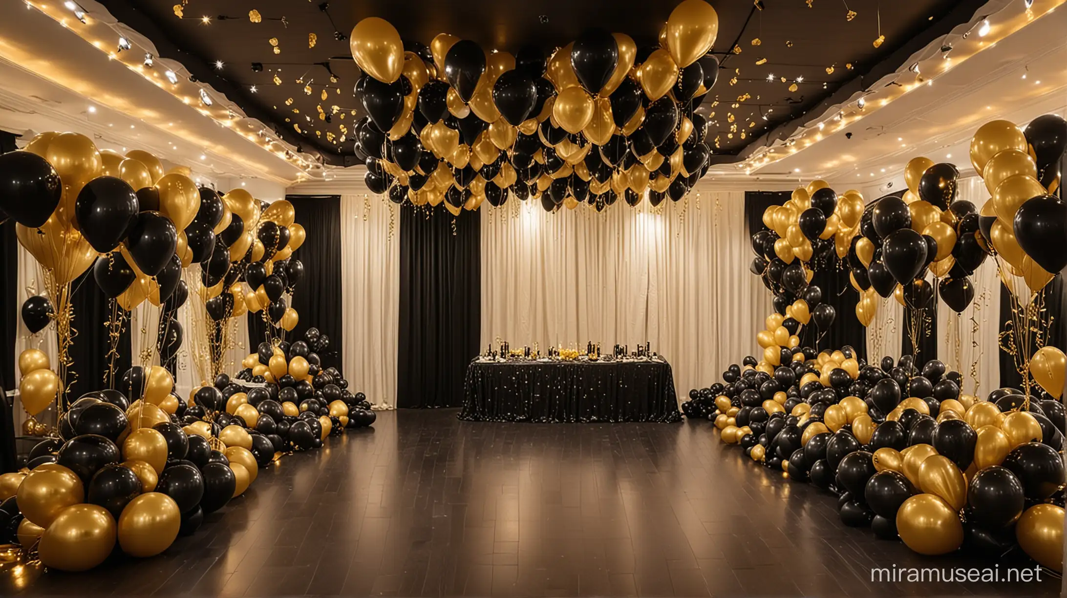 big indoor salon, elegant night party, with black and gold decoration, ballons all over the place and 10 reflectors lights on top