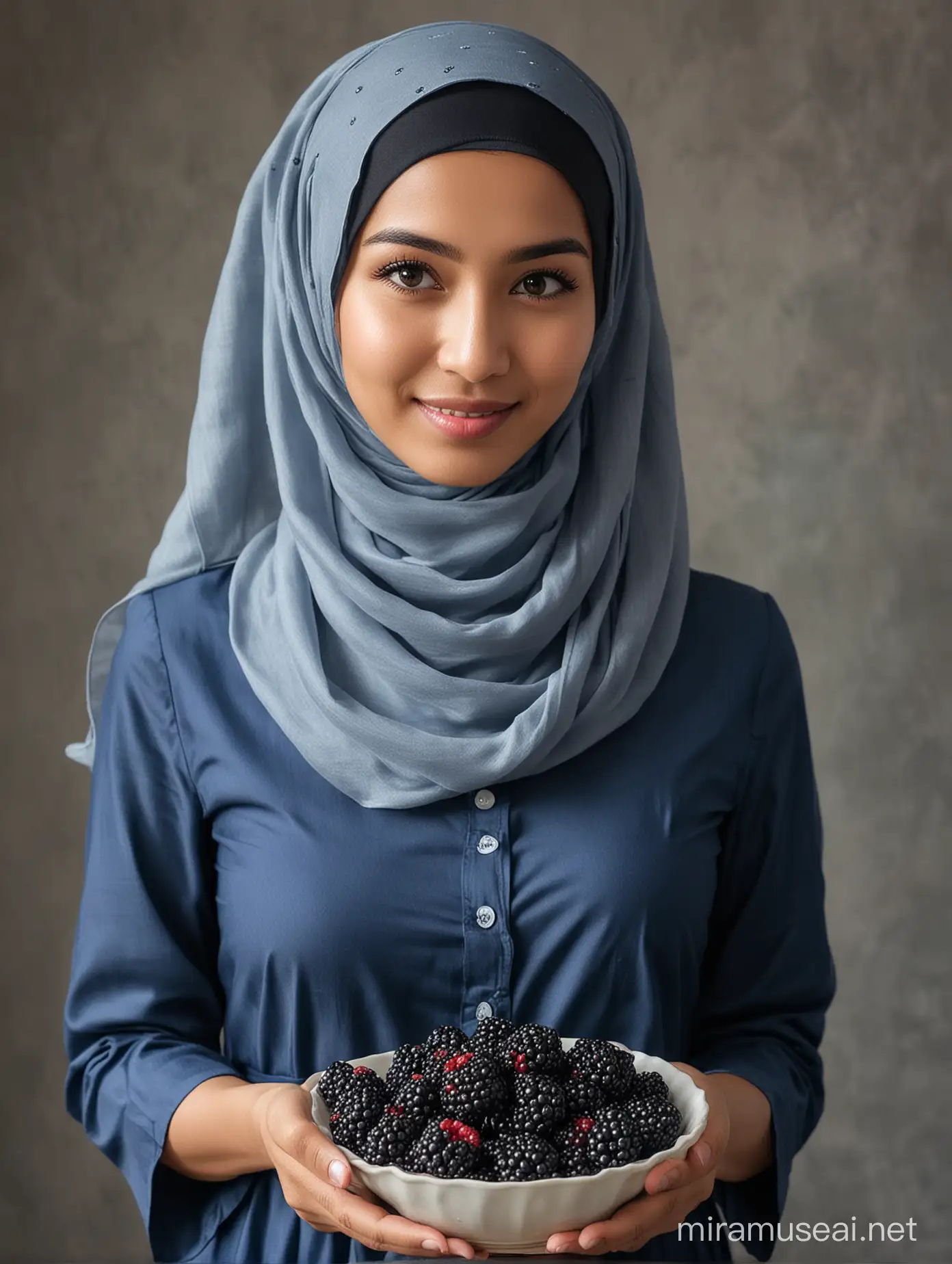 A Indonesia woman in a blue dress and hijab is holding a bowl of blackberries.