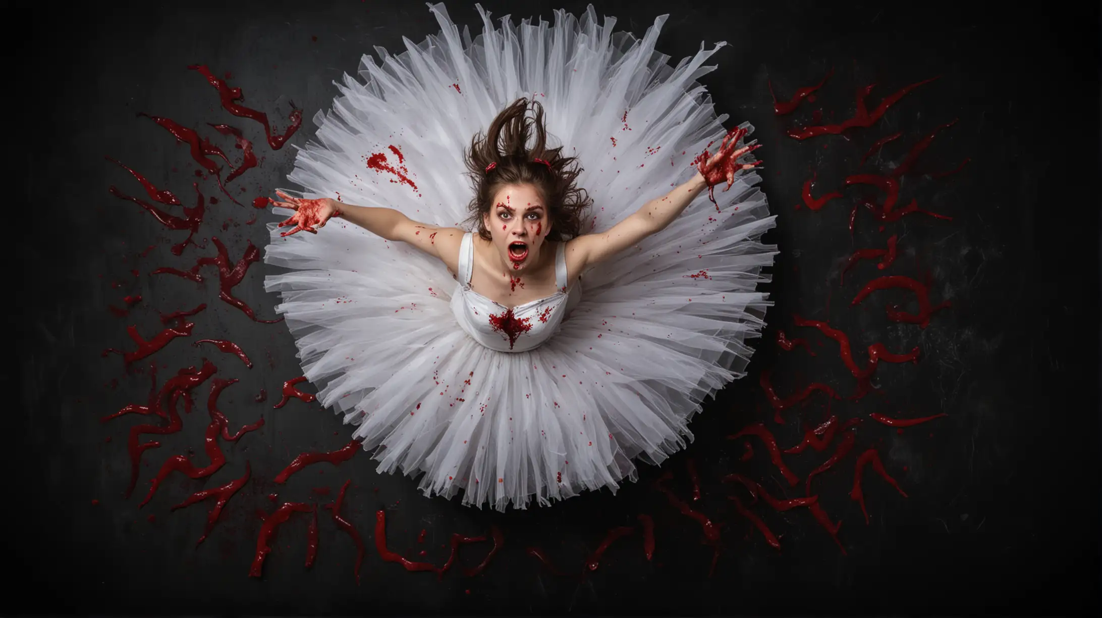 Teenage girl in a white tutu with demon face and blood everywhere looking up 

Picture is from above . 

Black background 