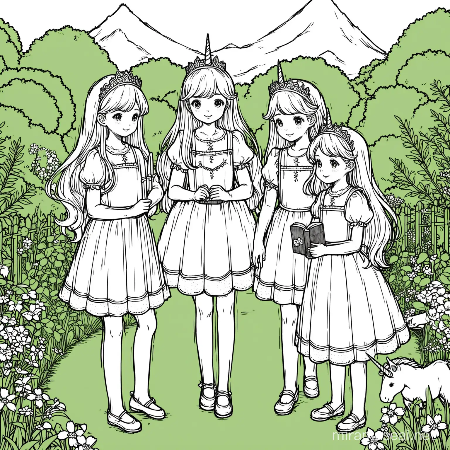 a production ready flat coloring black and white drawing of three little princess girls in a beautiful garden, beside an unicorn, inspired by CharacterOrdinary551 reddit field journal line art, children's illustration, flat coloring. 